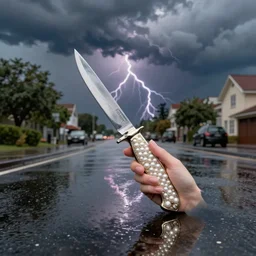 tilda swinson holding a pearl handled bowie knife on a rainy street, reflections detailed relalistic thunderstorms in the distance
