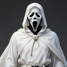 white cloaked superhero with a white ghost mask no mouth, and a noose knot around his hyperdetailed, realistic, high - resolution illustration that slightly looks like a comic character - n 6
