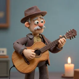 “Claymation art of a old man playing guitar, 100mm, candle lightning, industrial colours, extremely detailed”