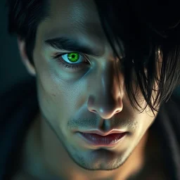 close up photograph 4 k hd of a man with jet black hair fair skin with unsettling green glowing eyes levitating