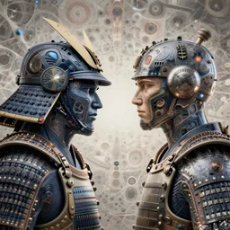 a portrait the war of japanese samurai vs human technology character portrait made of fractals facing each other, ultra realistic, wide angle, intricate details, the fifth element artifacts, highly detailed by peter mohrbacher, hajime sorayama, wayne barlowe, boris vallejo, aaron horkey, gaston bussiere, craig mullins