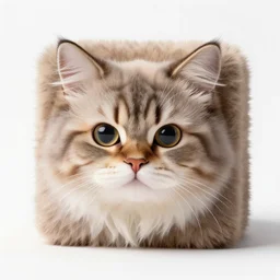 a furry cube with a cat face, professional photograph, white background