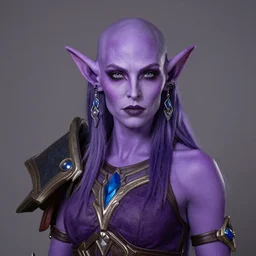 twitch streamer asmongold as a night elf, detailed face, purple!!!!!! skin, balding, world of warcraft cosplay, medium shot, studio lighting