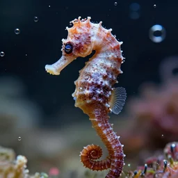 extremely detailed telescope photograph of a tiny short seahorse. anatomically perfect. positioned in the center of the frame. focus on the seahorse's head. full seahorse visible in frame. intricate details. there's a lot of bubbles. space nebulas blurred in the background. full colour. trending on artstation, glissening texture, 8 k octane render