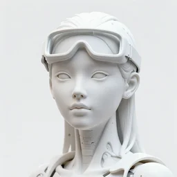 full head and shoulders, beautiful female porcelain sculpture with all white 3 d cyborg elements, white prosthetic eyes, 3 d goggles, smooth, all white features on a white background, delicate facial features, white eyes, white lashes, detailed white liquid, cyberpunk, anatomical by daniel arsham and james jean