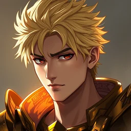 portrait of a male with blonde spiky hair, red eyes, wearing golden armor | | very very anime!!!, fine - face, audrey plaza, realistic shaded perfect face, fine details. anime. realistic shaded lighting poster, magali villeneuve, artgerm, jeremy lipkin and michael garmash and rob rey