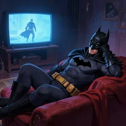 a witcher batman lying on couch front of tv, depressed, vibrant, life changing, dramatic, digital art, ultra sharp, extreme details