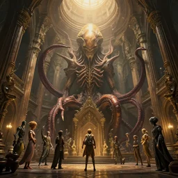 alien temple interior barroque style, cthulhu, tentacles architecture, alien, giger, greg rutkowski, rhads, ferdinand knab, makoto shinkai lois van baarle, ilya kuvshinov, rossdraws, tom bagshaw, global illumination, intricate, detailed, atmospheric lighting, golden hour