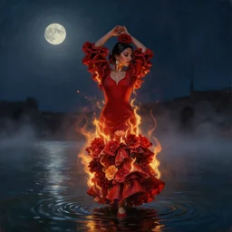 detailed oil painting of spanish flamenco dancer wearing a red dress made of flowers engulfed in flames, she's standing waist deep in water, midnight, moon, dimly lit, looking away, dark shadows, ethereal, foggy, moody, photo realistic, high definition, 4 k, slr