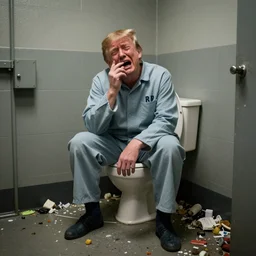 a disheveled Donald Trump crying profusely in prison clothing sitting on a toilet in prison. wide angle. The floor is covered in garbage. candid photograph.