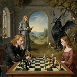 chess and stoicism with merlin and the morrigan. a surrealist interior mental landscape by hieronymus bosch, cyril rolando, esher and natalie shau, whimsical, profound, impossible. trending on devaintart