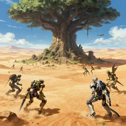 sci - fi anime exoskeleton creature fighting the ancient tree god on a vast desert island, cinematic, high fantasy, maximalist, epic