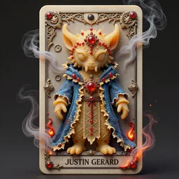 A beautiful detailed grotesque creature made of pasta super cute tarot card, by  tomasz alen kopera and Justin Gerard, symmetrical features, ominous, magical realism, texture, intricate, ornate, royally decorated, whirling smoke, embers, red adornements, blue torn fabric, radiant colors, fantasy, trending on artstation, volumetric lighting, micro details, 3d sculpture, ray tracing, 8k, anaglyph effect, digital art