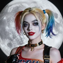 cosplay on Harley Quinn on the moon queen, high detail of the face, high details, high modernization, cinematic, dynamic lighting, ultra mega super hyper realistic, ultra mega super hyper beautiful