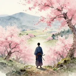 A lone samurai watching over a valley of cherry blossom trees, water color painting, concept art, HD —H 1024