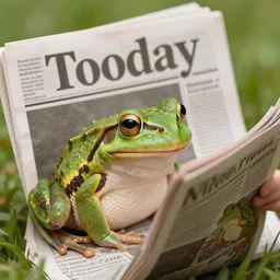 A photo of a frog reading the newspaper named “Toaday” written on it. There is a frog printed on the newspaper too.