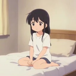 a film still of cute anime girl in white tshirt is sitting on poor bed in pale colors room in russian flat, anime, cinestill