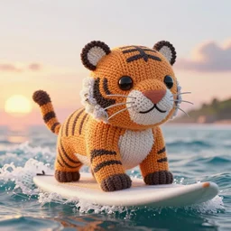 a closeup photorealistic illustration of a cute knitted tiger hippopotamus riding a large wave during sunset. surf in the background. detailed stitching. professional capture. brightly lit scene. this 4 k hd image is trending on artstation, featured on behance, well - rendered, extra crisp, features intricate detail, epic composition and the style of unreal engine.