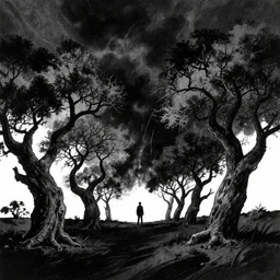 in the raging black storm, gnarled trees on a darkling plain, drawn by christan delort and jean gireaud, graphic black and white, low camera, wide angle, centered composition, golden ratio