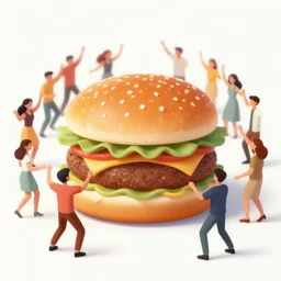 a crowd of people dancing in a party around a giant hamburger,