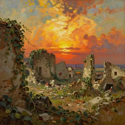 land of ruins, sweltering heat, vines, extremely detailed oil painting, sargent and leyendecker, savrasov levitan polenov, bruce pennington, tim hildebrandt, digital art, landscape painting, trending on artstation, masterpiece