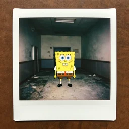 found polaroid photo, flash, interior abandoned hospital, spongebob squarepants standing