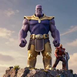 the rise of true king, thanos stands attop pride rock and all bow before the true king