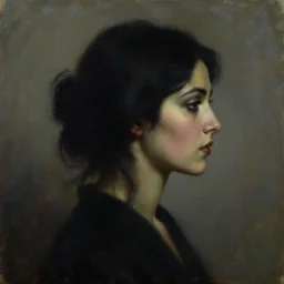 portrait profile of one mysterious dark beautiful women in 1 9 7 8, oil painting by john watkiss