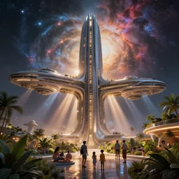 colossal spaceship city, design by zaha hadid, beautiful nebulas, dramatic warm and cold lighting. light shafts and god rays. families enjoying themselves, lush plants, architectural photography, 8 k, realistic lighting, reflections, bloom, hyperdetailed environment, pbr materials.