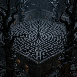 dense dark tangled maze, tall walls, gnarled black trees, night, volumetric lighting, 8 k octane beautifully detailed render, post - processing, extremely hyper - detailed, intricate, epic composition, intricate, trending on artstation, stunning art by anders zorn, wonderful masterpiece by frank frazetta