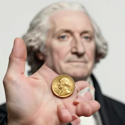 a closeup photorealistic photograph of a happy George Washington holding a small gold Doubloon coin in the palm of his hand. This 4K HD image is Trending on Artstation, featured on Behance, well-rendered, extra crisp, features intricate detail and the style of Unreal Engine.