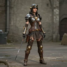 full length photograph of a real - life very beautiful dieselpunk warrior. extremely detailed. dslr. 8 5 mm.