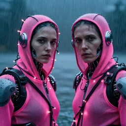 cinestill 5 0 d candid photographic portrait by bruce davidson of two cyborgs wearing rugged neon pink mesh techwear in treacherous waters, wrapped in christmas tree lights, extreme closeup, modern cyberpunk moody depressing cinematic, pouring rain, 8 k, hd, high resolution, 3 5 mm, f / 3 2, ultra realistic faces, ex machina