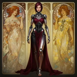 highly detailed full body portrait of alien cyborg young adult lady, by krenz cushart, by artem demura, by alphonse mucha, by kaethe butcher, gradient maroon, black, silver and yellow color scheme, grunge aesthetic!!! (
