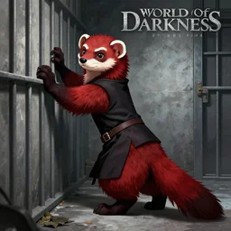 world of darkness source book illustration of an anthropomorphic red - black furry weasel - ferret - stoat fursona ( from the furry fandom ) in prisoner's regalia, in a prison cell, scratching at the walls