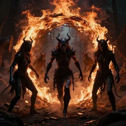 photograph of demons entering through a burning portal, dark figurings