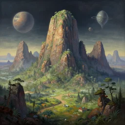 A strange mountain biome and on an alien science-fiction planet, beautiful matte painting, Moebius, frank frazetta, sid mead, james gurney, thomas kinkade, rodney mathews, trending on artstation