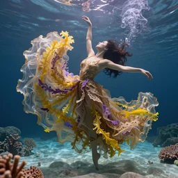 woman dancing underwater wearing a long flowing dress made of many translucent layers of gold and purple lace seaweed, bolts of bright yellow fish, delicate coral sea bottom, swirling smoke shapes, unreal engine, caustics lighting from above, cinematic, hyperdetailed
