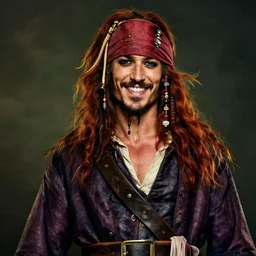 portrait painting of a 3 0 years old rugged masculine muscular male cheery flirtatious pirate long long hair soft hair flowing hair crimson hair upper body only chest hair long coat elegant rugged handsome unreal render cinematic lighting art 1 9 2 0 period drama by bussiere rutkowski andreas rocha