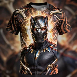 a t shirt all over print, marvel style portrait of black panther, tribal, claws and bones background, one piece art style, cartoon, anime, digital art