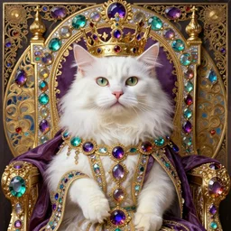 a majestic portrait of a white fluffy cat wearing a crown, on a throne of gemstones, titian, sam spratt, maxfield parrish, gustav klimt, tom bagshaw, mark ryden, alphonse mucha, high detail, 8 k, intricate ornamental details, vibrant iridescent colors, purple, turquoise, red and gold