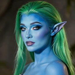 Elf with blue skin, blue elf, blue, blue-skinned elf, green hair, glam hair, 80s hair, glam make up