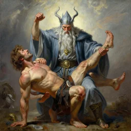 stunning master wizard beaten by bodybuilder with bare hands, highly detailed painting by gaston bussiere, craig mullins, j. c. leyendecker, 8 k
