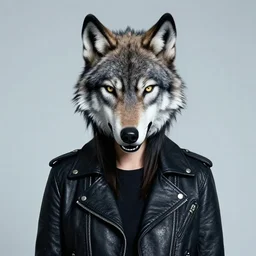 professional photographic portrait of a punk girl in a leather jacket wearing a wolf's head over her face, fashion magazine shoot, cool punk with wolf on her head