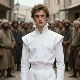 portrait of a prince, in the street, crowd of peasants behind him, slim, bird - like, white clothes, sharp high collar, cheekbones, scarred face, digital art