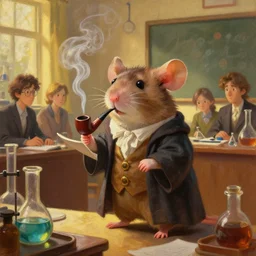 oil painting of a cute pet rat dressed as an english professor smoking a pipe, giving a lecture in a university chemistry lab, digital art, artstation, fantasy, cinematic, golden hour fine details by realistic shaded lighting poster by ilya kuvshinov katsuhiro otomo, magali villeneuve, artgerm, jeremy lipkin and michael garmash and rob rey, cartoon