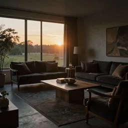 sunset in a tastefully decorated living room with dark luxurious furnishings, and a mix of antique and modern furniture, and a mix of concrete and wood finishes, soft focus cinematic still, dark dreamy golden dappled light by maxfield parrish