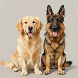 a painting of a cute golden retriever with a german shepherd