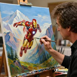 a closeup photorealistic photograph of bob ross at his studio. bob is working on a canvas painting of iron man flying. mountain scape. film still, vibrant colors. this 4 k hd image is trending on artstation, featured on behance, well - rendered, extra crisp, features intricate detail, epic composition and the style of unreal engine.