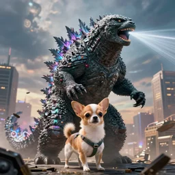 godzilla as a chihuahua in a Godzilla: King of the Monsters still film directed by Christopher Nolan, shooting beams from its mouth and toppling over cities, epic action scene